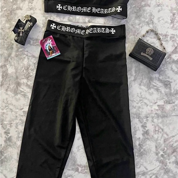 Chrome Hearts Pants - Chrome Hearts Black Leggings with White Logo Waistband